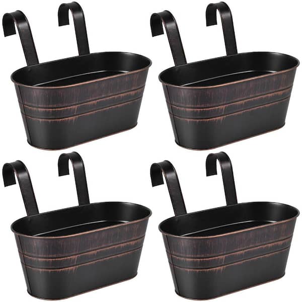 4-Pack Black Metal Railing Planters with Detachable Hooks and Drain Holes, Iron Hanging Flower Pots for Outdoor Decor