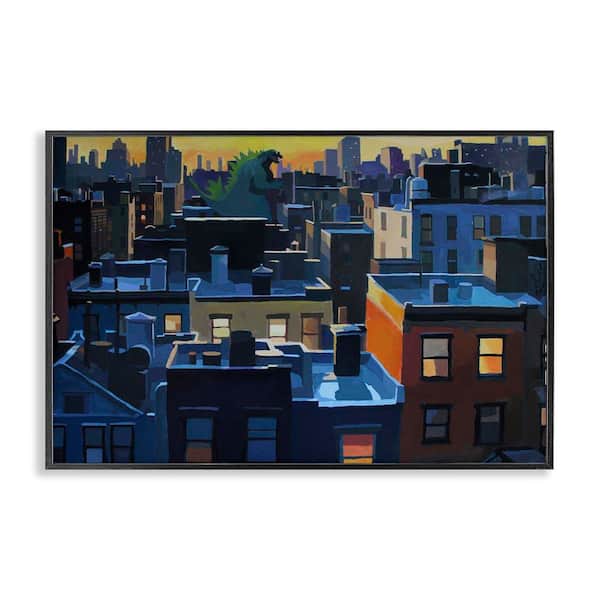 Stupell Industries Cityscape with Distant Monster by Keith Thomson Black Framed Abstract Giclee Art Print 20 in. x 30 in.