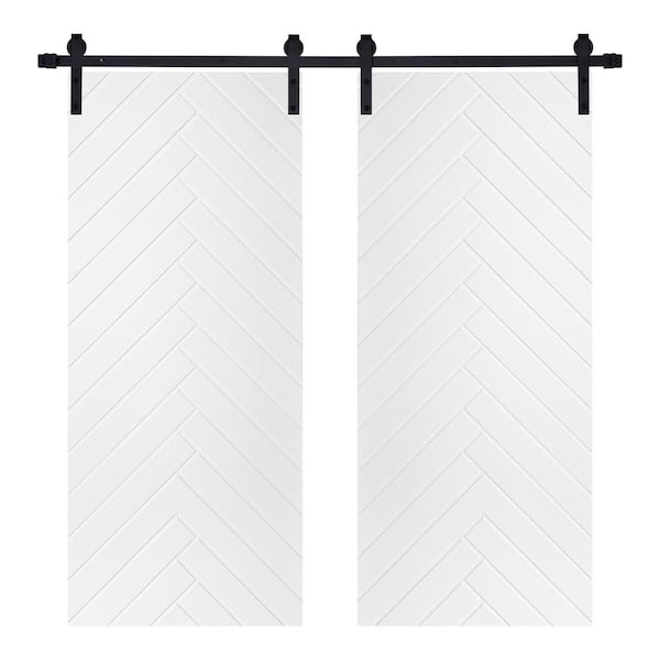 AIOPOP HOME Double Modern Herringbone Pattern 48 in. x 80 in. MDF Panel White Painted Sliding Barn Door with Hardware Kit