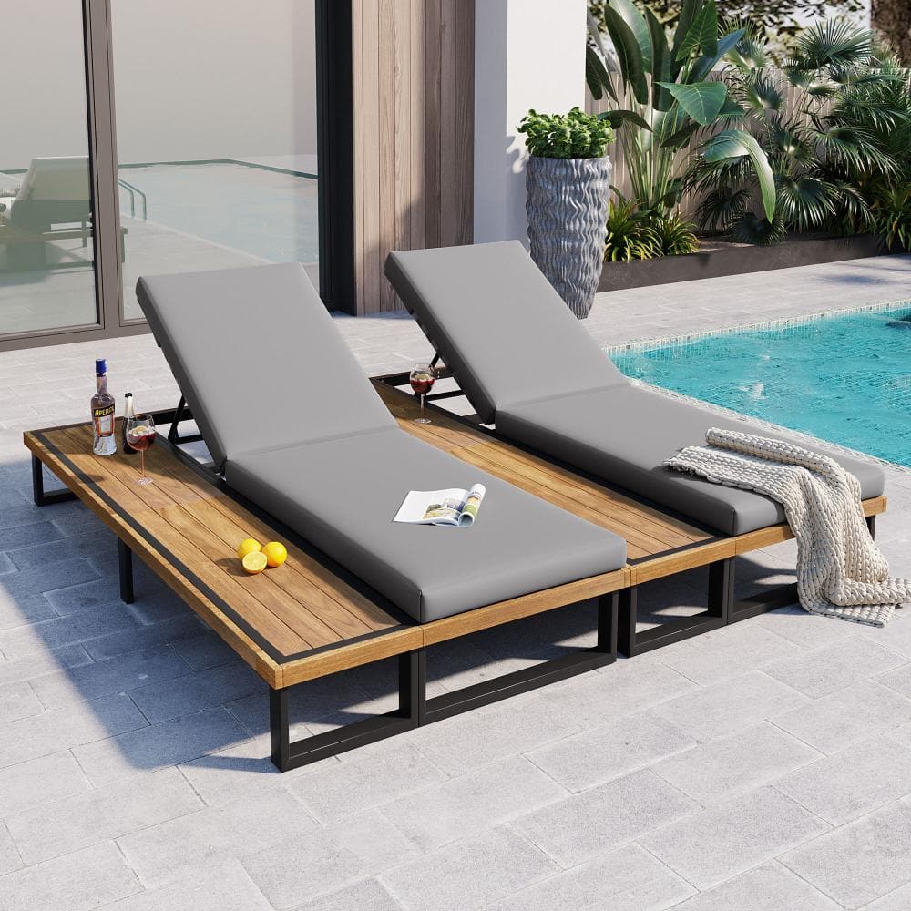 Set of 2 Acacia Wood Outdoor Chaise Lounge Chair with Gray Cushions,Patio Loungers with Wood Side Table