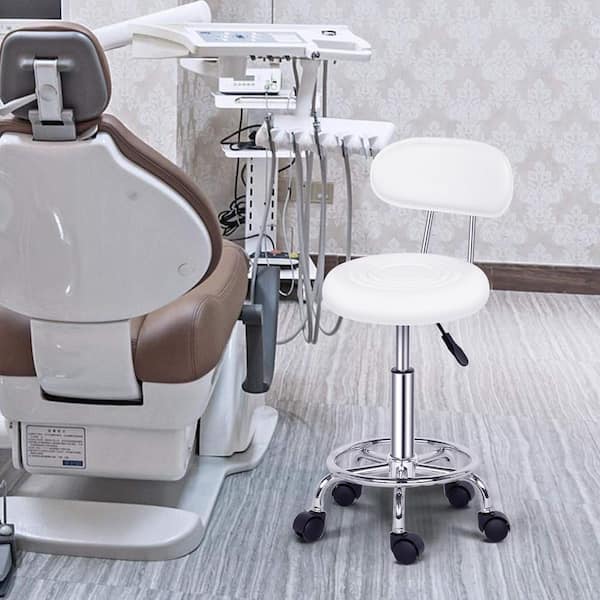 19 in. Height White PU Leather Seat Adjustable Salon Stool with Back Office Rolling Chair
