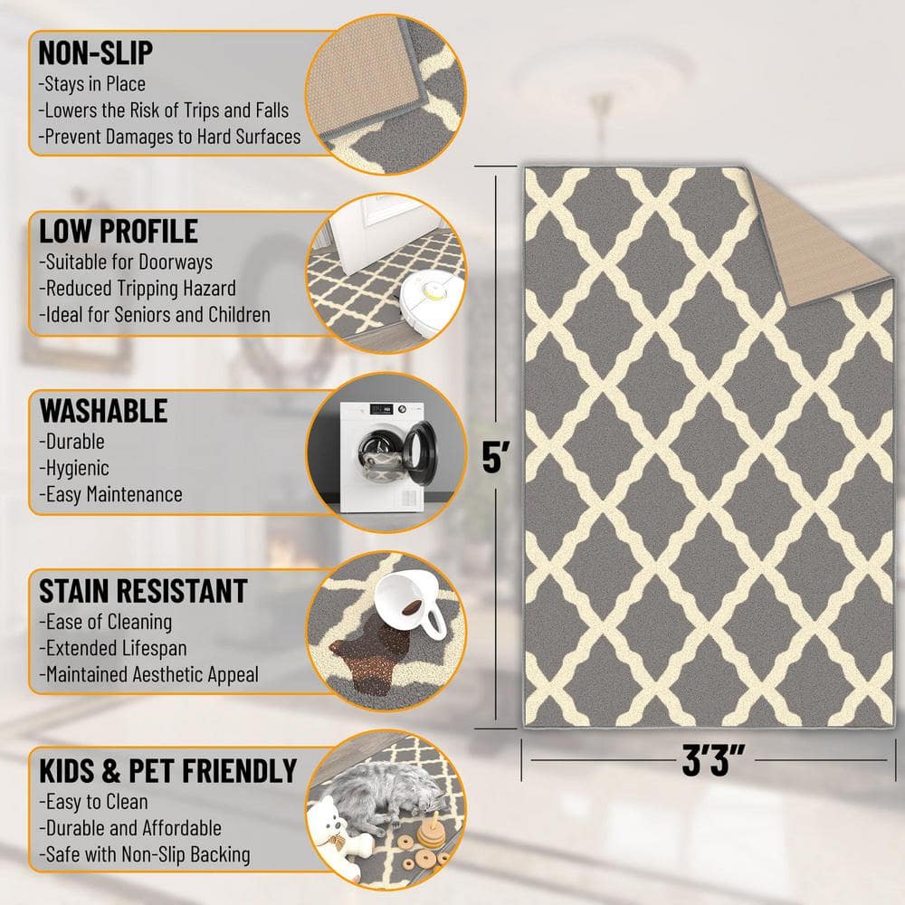 Gray and White Washable Non-Slip Trellis Area Rug