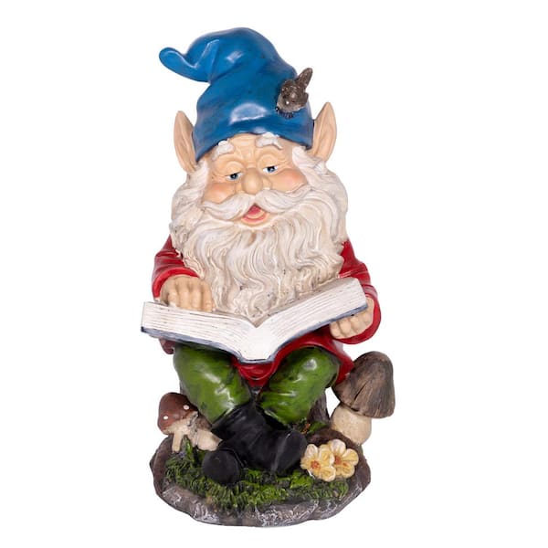 Alpine Corporation 14 in. Tall Outdoor Garden Gnome Reading a Book Yard Statue Decoration