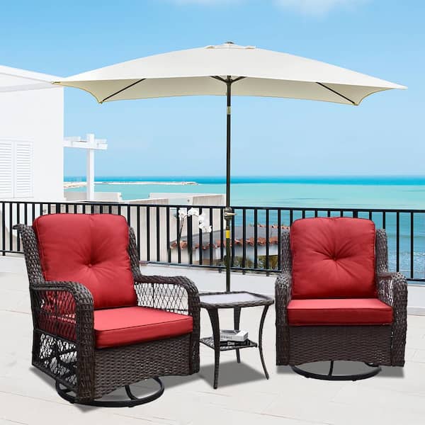 Unbranded 3-Piece Brown Wicker Patio Conversation Set with Swivel Rocking Chairs and Coffee Table with Red Cushions