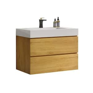 30 in. W x 18.1 in. D x 25.2 in. H Single Sink Floating Bath Vanity in Natural Oak with White Solid Surface Top