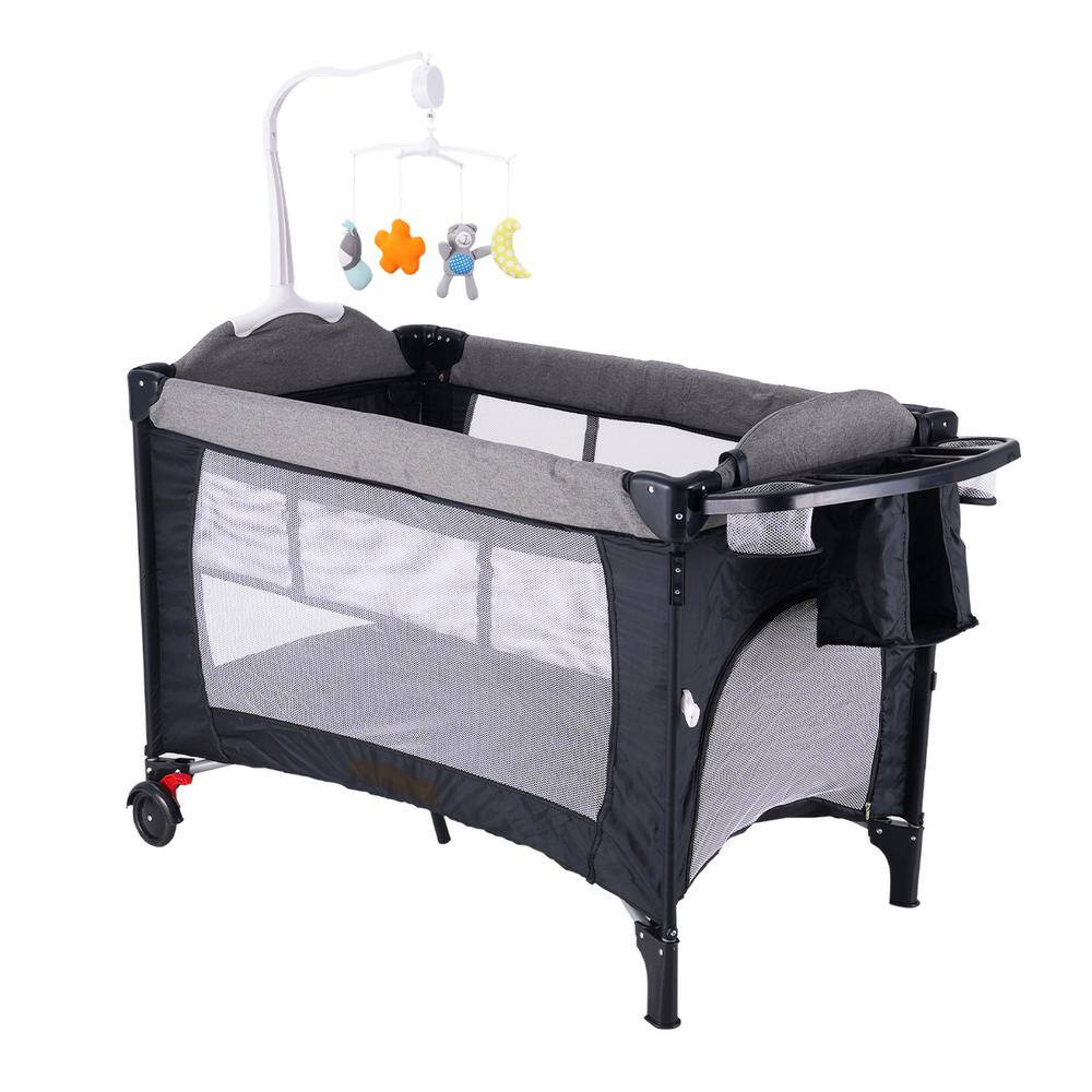 FUFU&GAGA Portable Gray Baby Crib Playpen Adjustable Infant Bassinet ...