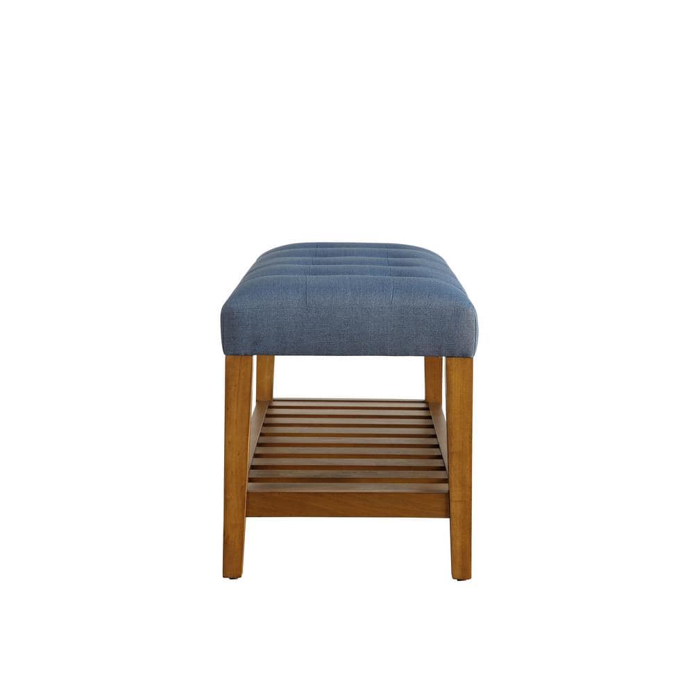 Blue Tufted Upholstered Bench with Oak Storage Shelf