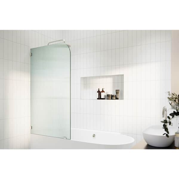 Aurora 34 in. W x 58.25 in. H Left-Hand Single Fixed Frameless Radius Tub Door in Polished Nickel with Fluted Glass