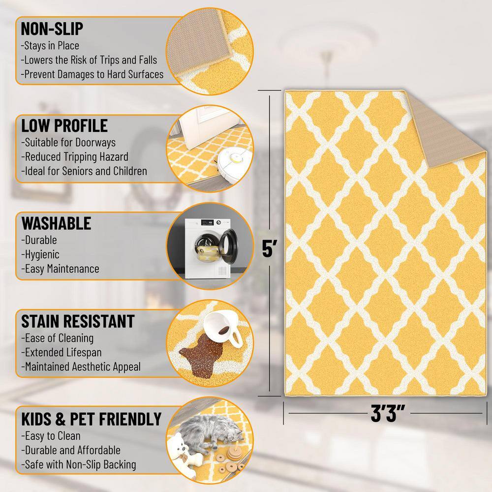 Yellow and White Moroccan Trellis Washable Kids Rug