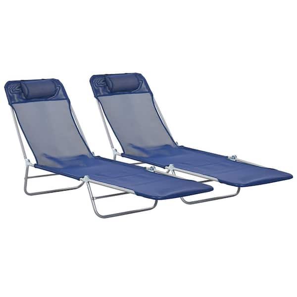 Outsunny Dark Blue 2-Piece Metal Outdoor Chaise Lounge with 6-Position Reclining Back, Breathable Mesh Seat, Headrest