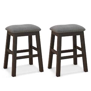 24.5 in. Gray Upholstered Saddle Bar Stools Dining Chairs with Wooden Legs (Set of 2)
