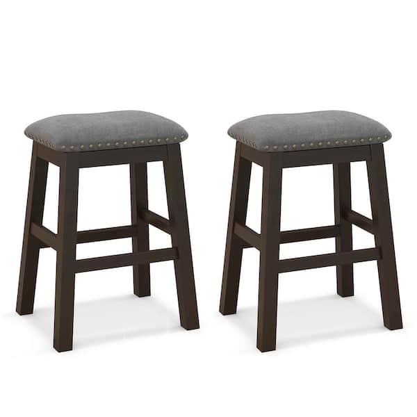 Costway 24.5 in. Gray Upholstered Saddle Bar Stools Dining Chairs with Wooden Legs (Set of 2)