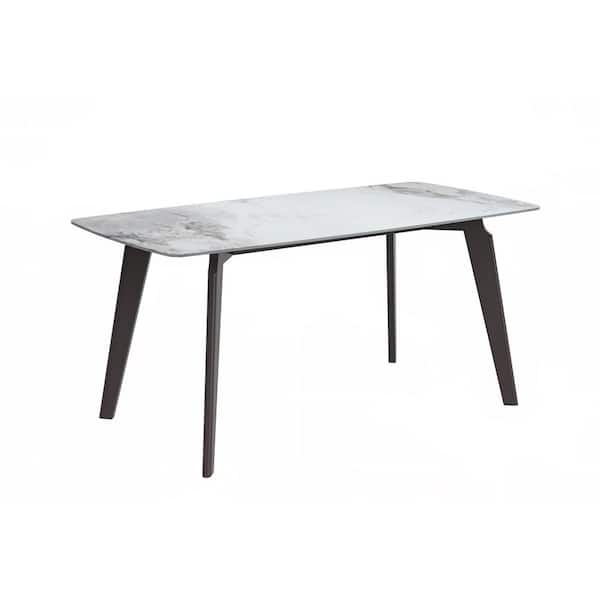 Leisuremod Krevor Series Modern Medium Grey Stone 55 in. Rectangular Wide Tabletop and 4 Legs Black Steel Dining Table Seats 4
