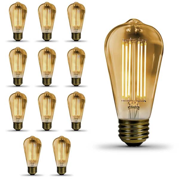 Feit Electric 60-Watt Equivalent ST19 Dimmable Straight Filament Amber Glass E26 Vintage Edison LED Light Bulb, Warm White (12-Pack)