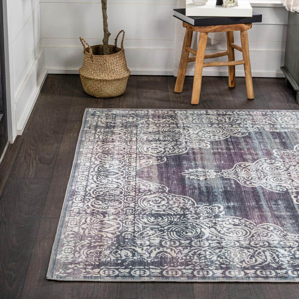 Regis Purple and Cream Medallion Washable Area Rug 8' x 10'