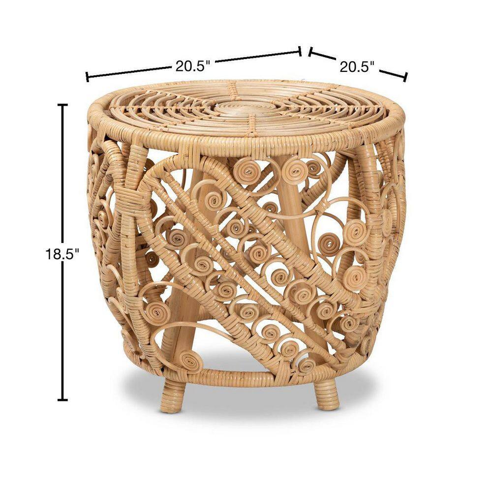Bohemian Natural Rattan Round End Table with Geometric Accents