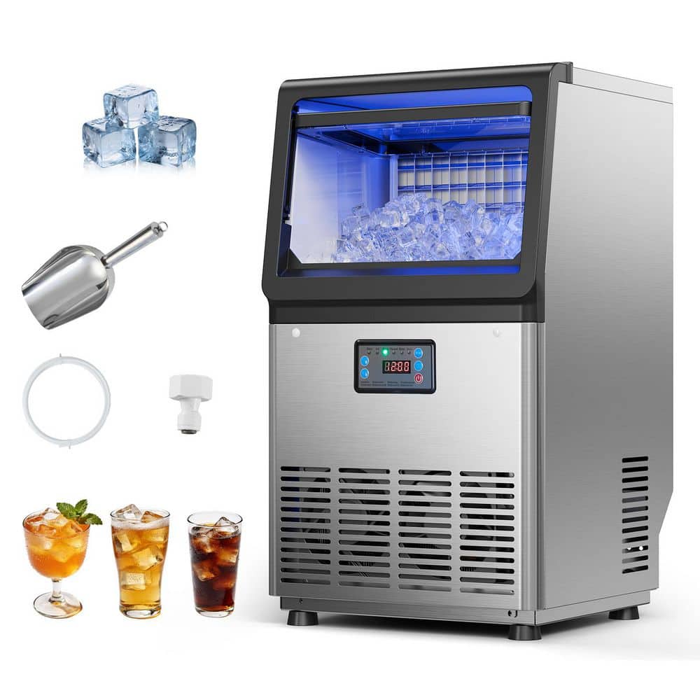 Commercial Ice Maker 80 lbs./24H Ice Machine 13.39 in. with 13 lbs. Storage Full Size Cubes Freestanding Silver