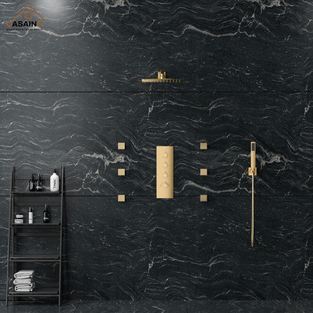 Brushed Gold Thermostatic Wall Mounted Rainfall Shower System with Body Jets