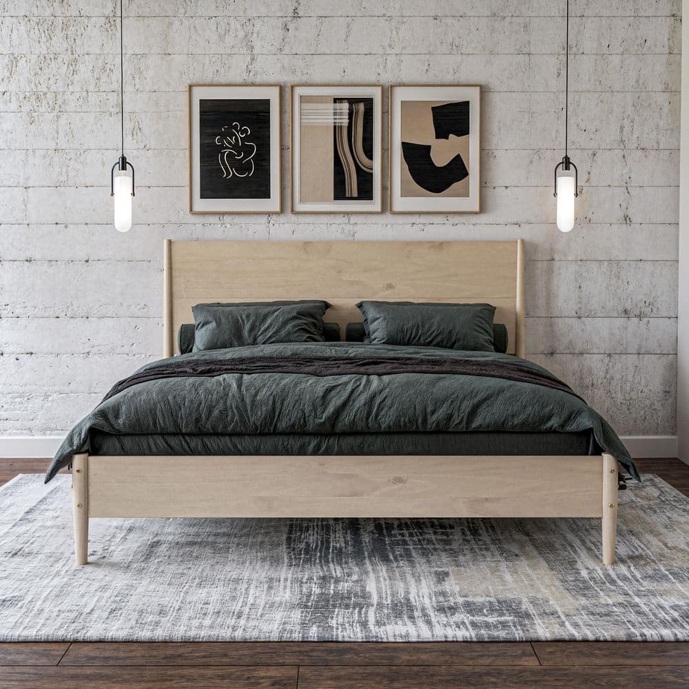 Camaflexi Mid Century Light Oak Beige Wood Frame King Platform Bed
