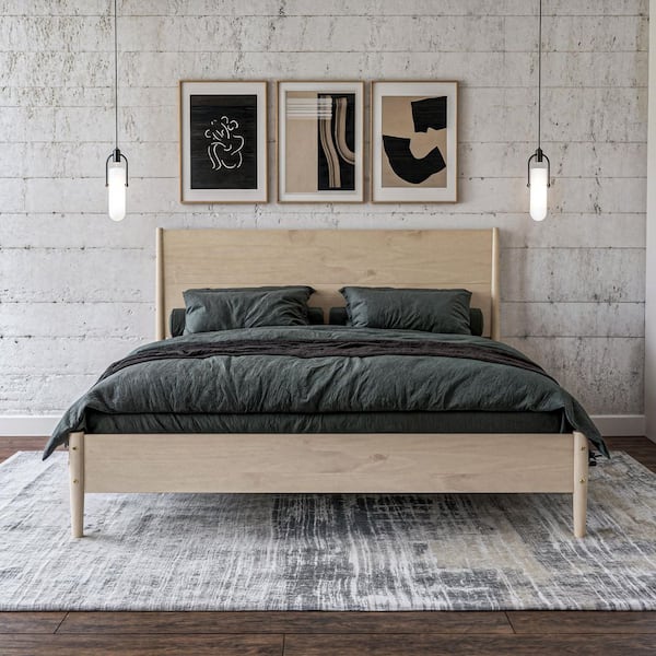 Camaflexi Mid Century Light Oak Beige Wood Frame King Platform Bed