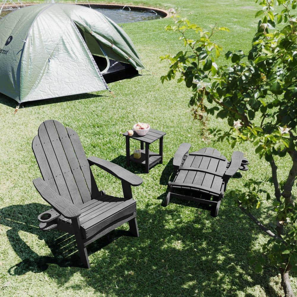 Dark Gray Folding Adirondack Chair Set with Cup Holder, 4-Piece