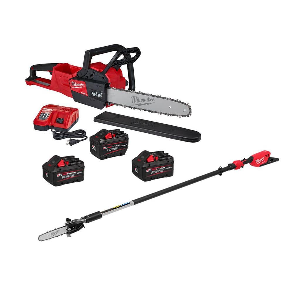 MILWAUKEE M18 FUEL 16 in. 18V Brushless Cordless Battery Powered Chainsaw 12.0 Ah Kit w/ (2) 8.0 Ah FORGE, Pole Saw, Charger (2727-21HD-48)