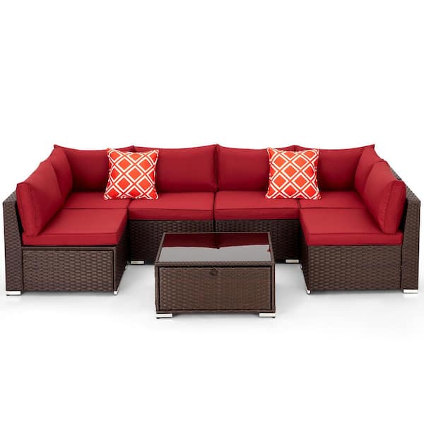 Wildaven 7-Piece Big Size Wicker Outdoor Patio Conversation Seating Set with Winered Cushions