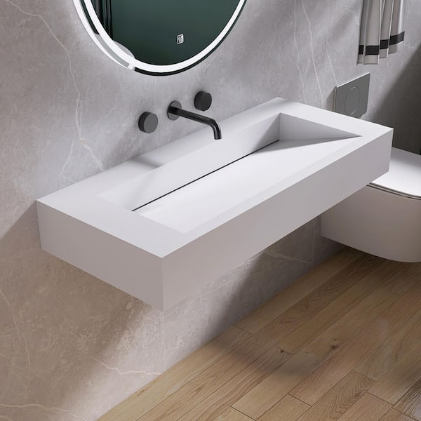 42 in. W x 19 in. D x 6 in. White Rectangular Solid Surface Bathroom Wall-Mount Sink/ Vessel Sink