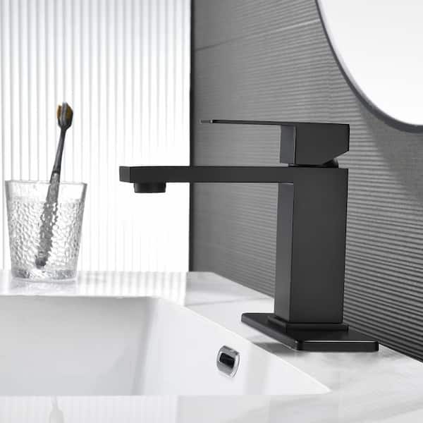 Single Handle Single Hole Bathroom Faucet with Deckplate&Drain Included, Square Bathroom Faucet in Matte Black