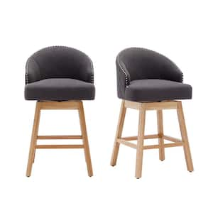 28.35 in. Dark Grey Wooden Frame Swivel Bar Stools Counter Height Bar Stools with Linen Seat Set of 2