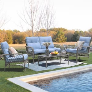 4-Pieces Wicker Grey Patio Conversation Sets with Mediterranean Blue Cushions and Tempered Glass Table
