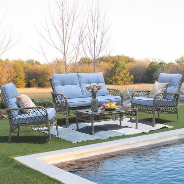 Zeus & Ruta 4-Pieces Wicker Grey Patio Conversation Sets with Mediterranean Blue Cushions and Tempered Glass Table