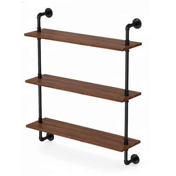 24 in. W x 7.8 in. D Walnut 3-Tier Industrial Pipe Floating Shelf, Decorative Wall Shelf