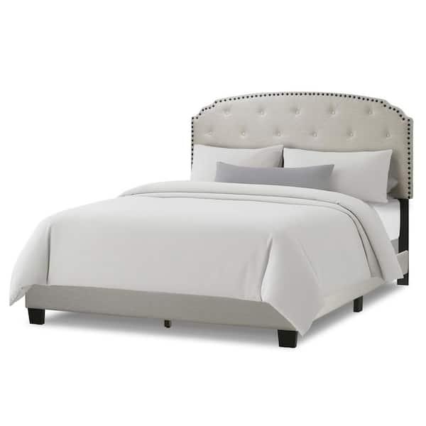 Arin Beige Fabric Queen Bed with Button Tufting and Black Nail Head Trim