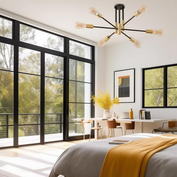 Unique Modern Sputnik 32.7 In. 6-Light Black Semi- Flush Mount with Aged Brass Socket Cups and No Bulb Included 1-Pack
