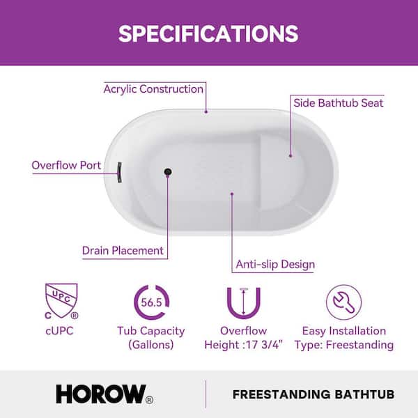 HOROW 47 in. x 26.8 in. Soaking Bathtub with Side Drain in White
