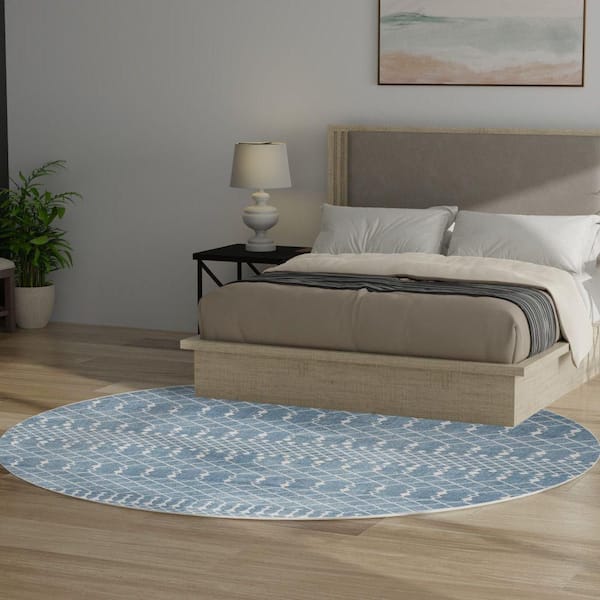 Astra Machine Washable Blue 8 ft. x 8 ft. Moroccan Transitional Round Area Rug