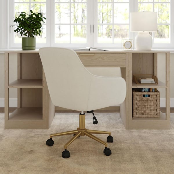 Rayna Fabric Adjustable Height Ergonomic Office Chair in Off White/Polished Brass with Arms