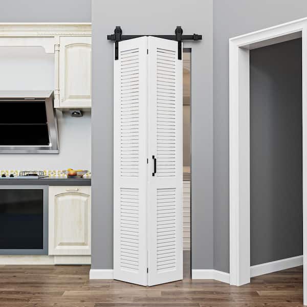 25 in. x 84 in. Solid Core White Finished MDF Louver Closet Bi-Fold Sliding Barn Door Slab with Hardware Kit