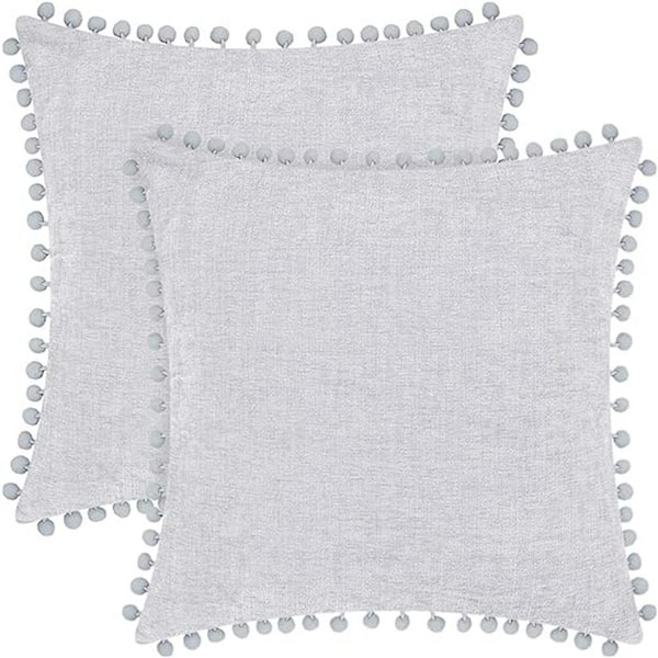 Unbranded Outdoor Throw Pillow Cases Pack of 2 Cozy Solid Dyed Soft Chenille Cushion Covers with Pom Poms