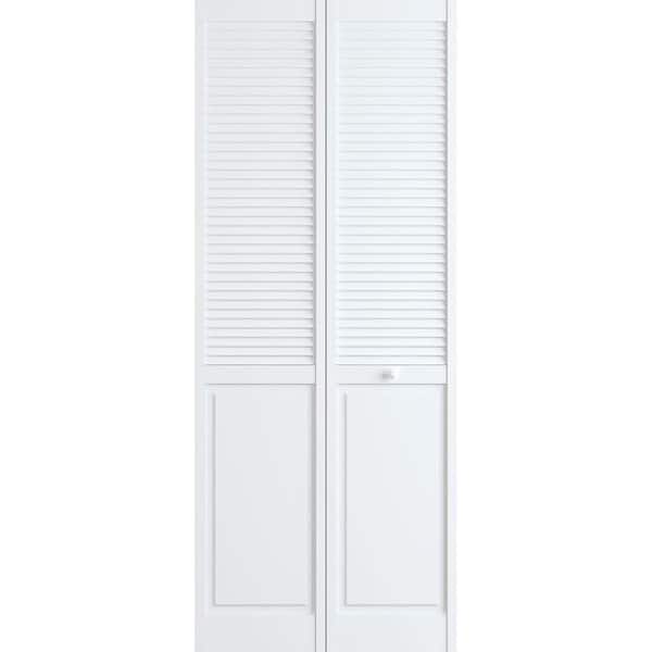 Photo 1 of 24 in. x 80 in. Louver/Panel Pine White Interior Closet Bi-fold Door