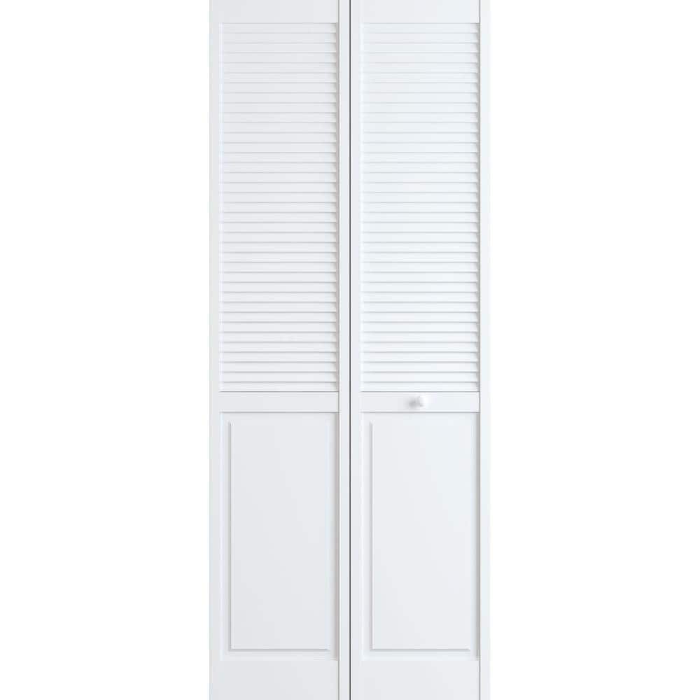 30 in. x 80 in. Louver/Panel Solid Core White Painted Pine Wood Bi-fold Door with Hardware ( Has some chipping Shown in pictures)