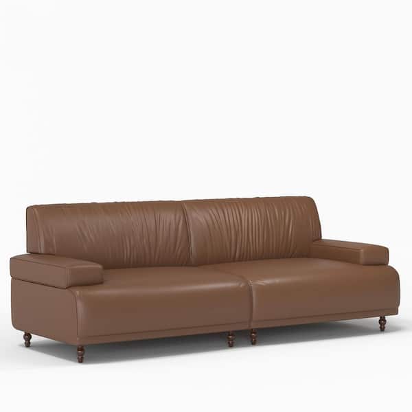 86.4 in. wide square arm leather brown medieval modern sofa