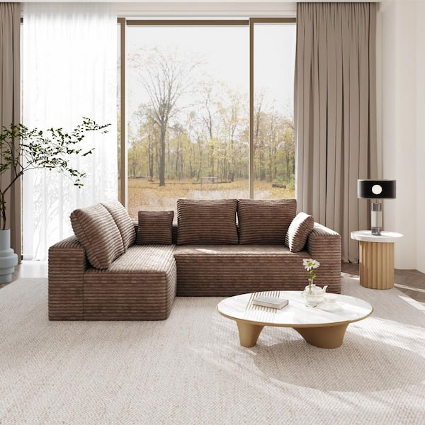 134 in. Square Arm 2-Piece Corduroy L-Shaped Modular Boneless Sectional Sofa with Chaise Longue, Pillows in. Brown