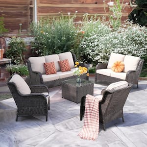 Ceres Brown 5-Piece Wicker Outdoor Patio Conversation Seating Set with Beige Cushions