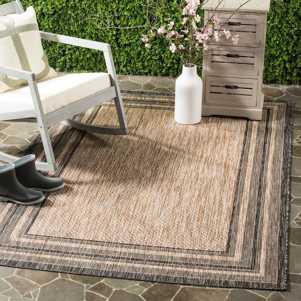 Courtyard Natural/Black 7 ft. x 10 ft. Striped Indoor/Outdoor Patio  Area Rug