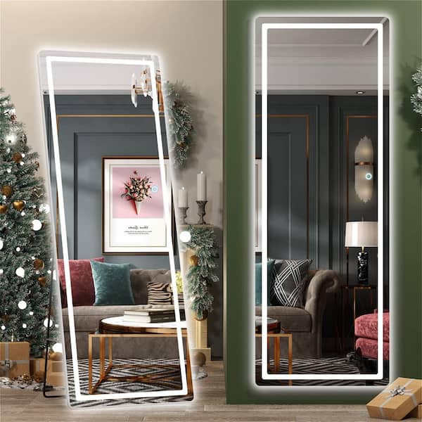 Hasipu 48 in. W x 72 in. H Rectangle Black Frame LED Floor Mirror, Full Body Dressing Standing Mirror, Hanging Mounted Mirror