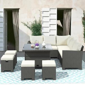 Gray 8-Piece Wicker Outdoor Conversation Set with Beige Cushions, Table and Ottomans