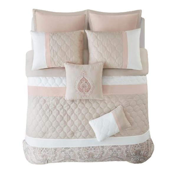 Afoxsos Blush Diamond Quilted Damask Cal King Size Polyester Comforter Set 1 Comforter Shams Bedskirt Euro Shams Pillow Case