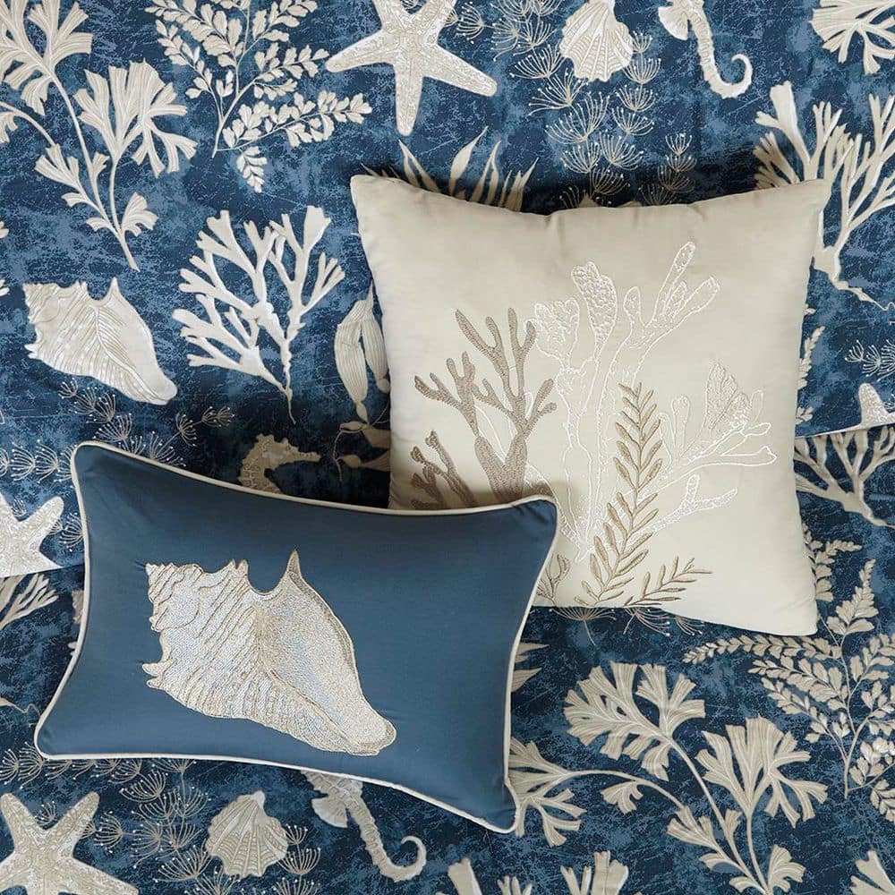 Blue Coastal Cotton Queen Comforter Set with Embroidered Details
